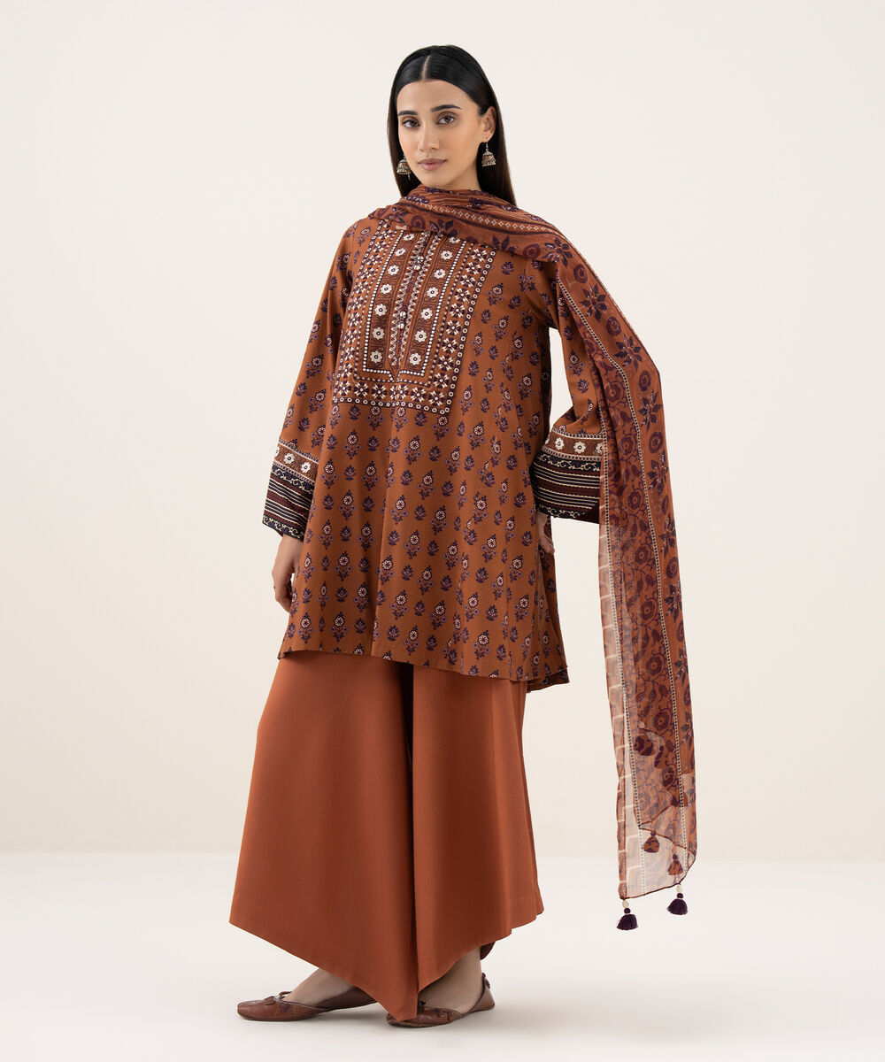 Women's Unstitched Light Linen Printed Brown 3 Piece Suit