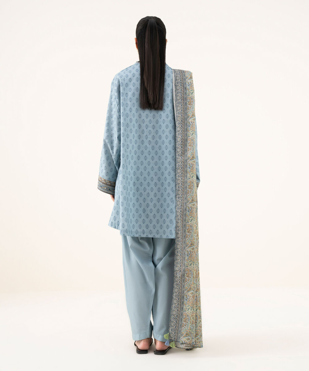 Women's Unstitched Cotton Printed Blue Three Piece Suit