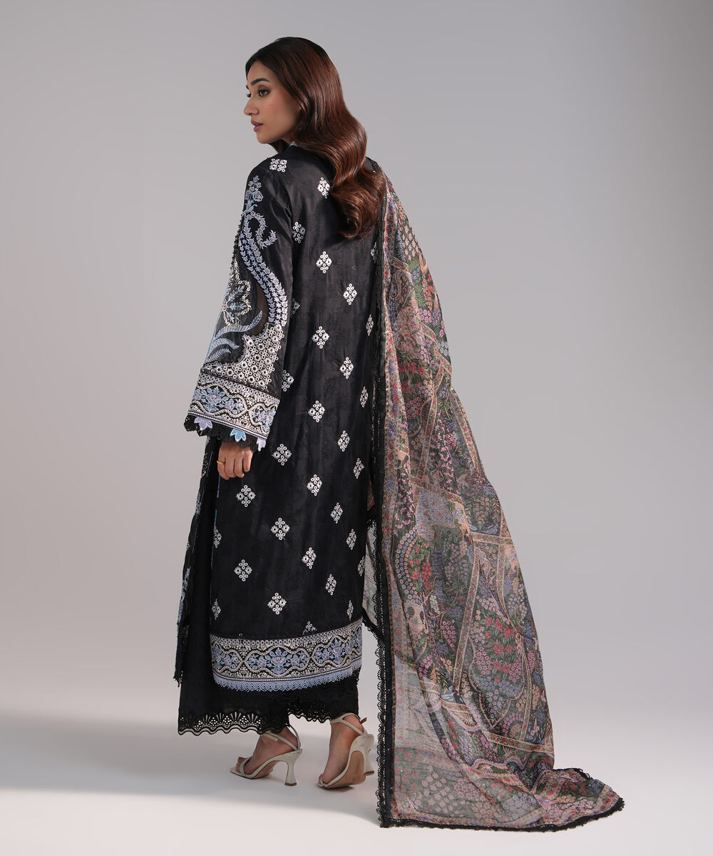 Women's RTW Self Jacquard Embroidered Black 3 Piece Suit