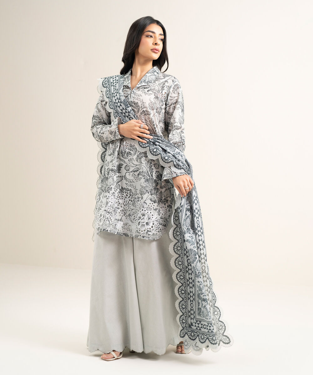 Women's Unstitched Lawn Embroidered Light Gray 3 Piece Suit