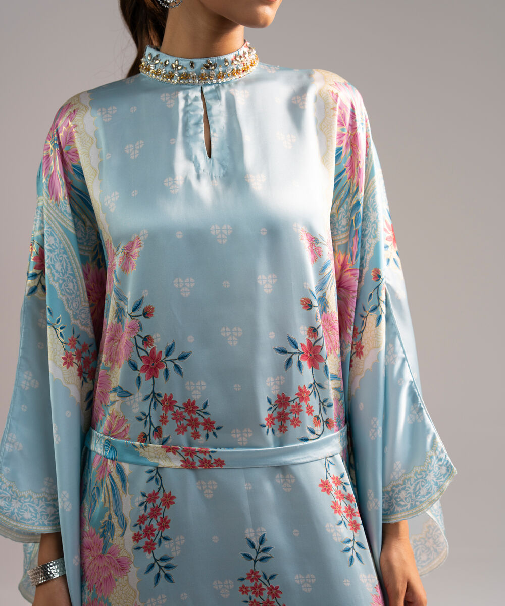 Women's RTW Blended Satin Printed Blue Kaftan