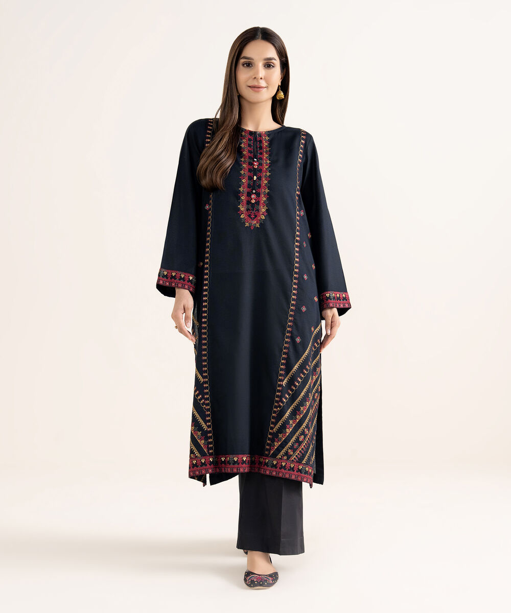 Women's RTW Textured Cotton Black Embroidered A-Line Shirt