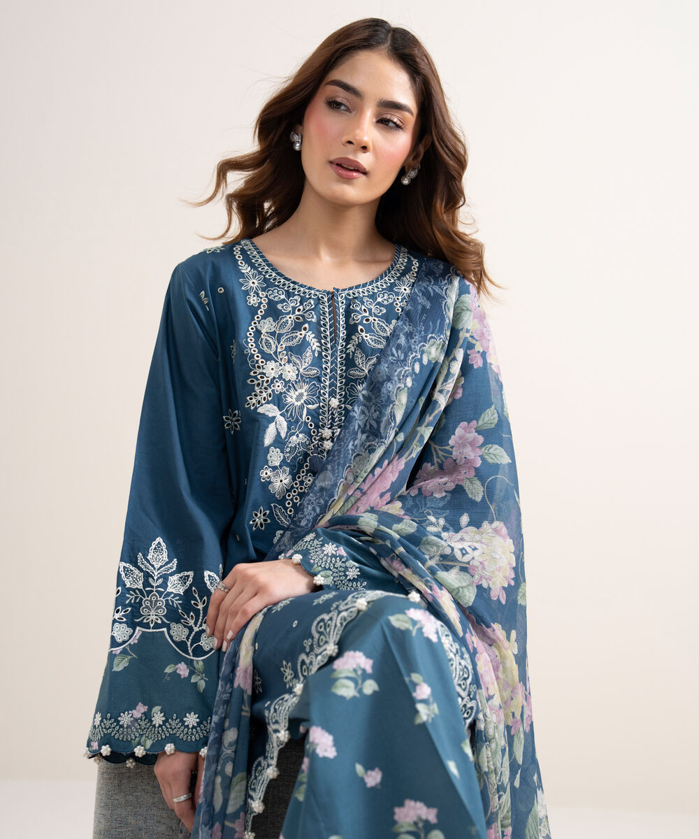 Women's Unstitched Dobby Embroidered Blue 3 Piece Suit
