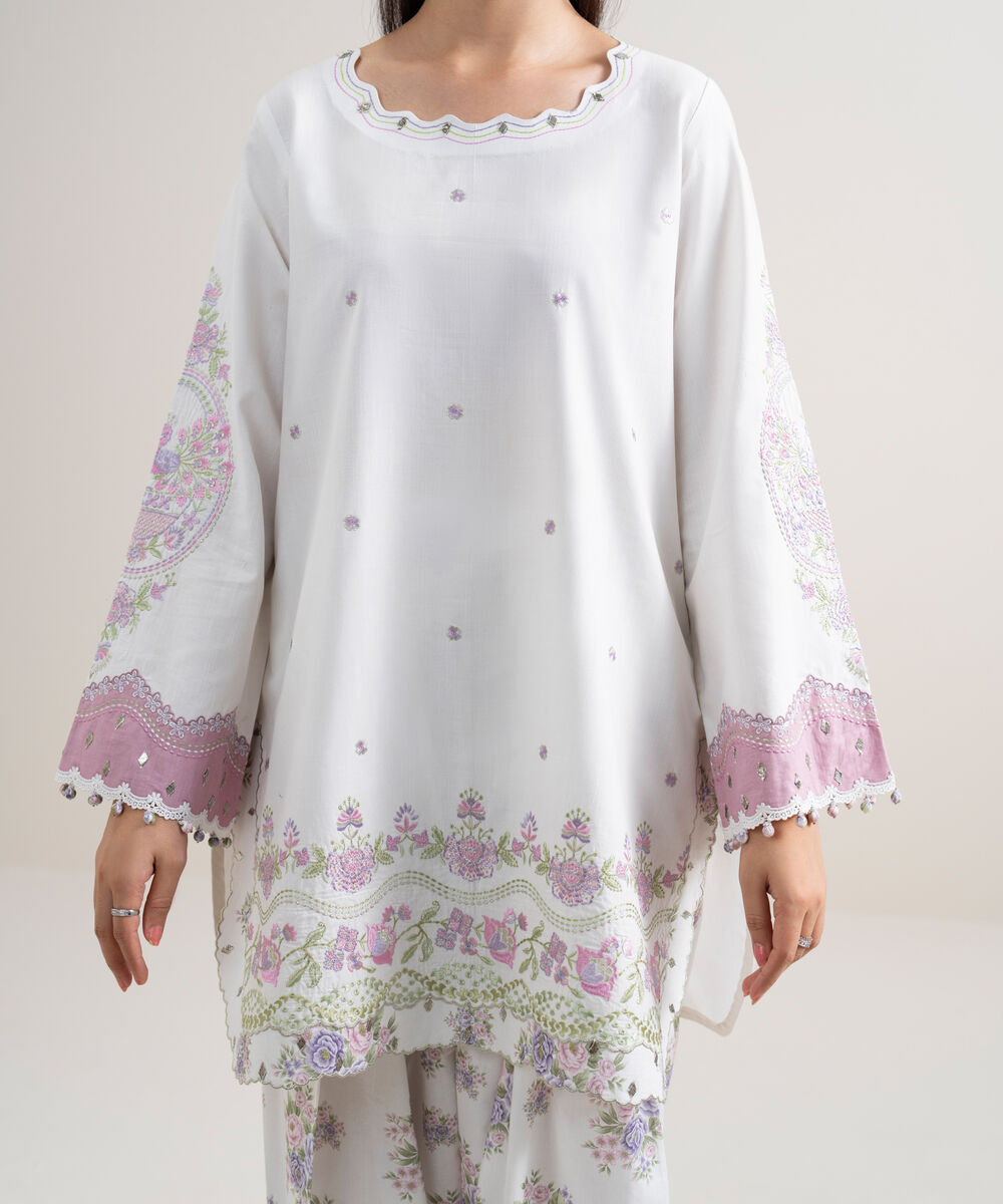 Women's Unstitched Fine Cotton Satin Embroidered Off White