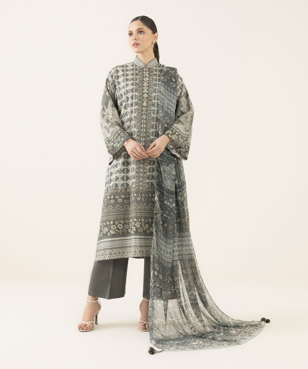 Women's Unstitched Lawn Printed Grey Three Piece Suit