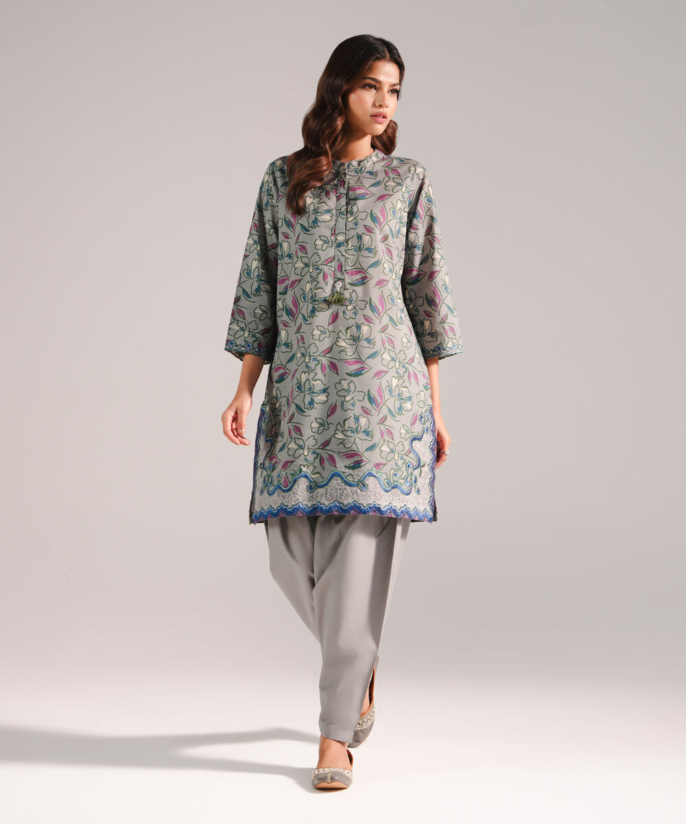 Women's RTW Slub Lawn Embroidered Grey 2 Piece Suit