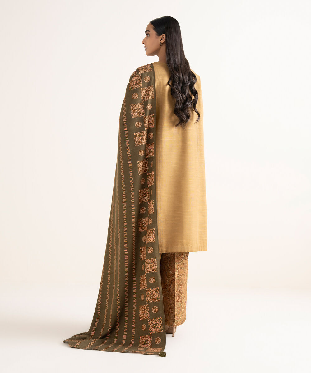 Women's Unstitched Light Khaddar Embroidered Brown 3 Piece Suit