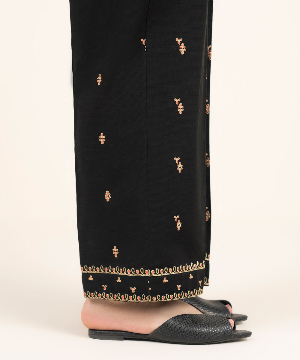 Women's RTW Khaddar Embroidered Black Straight Pants
