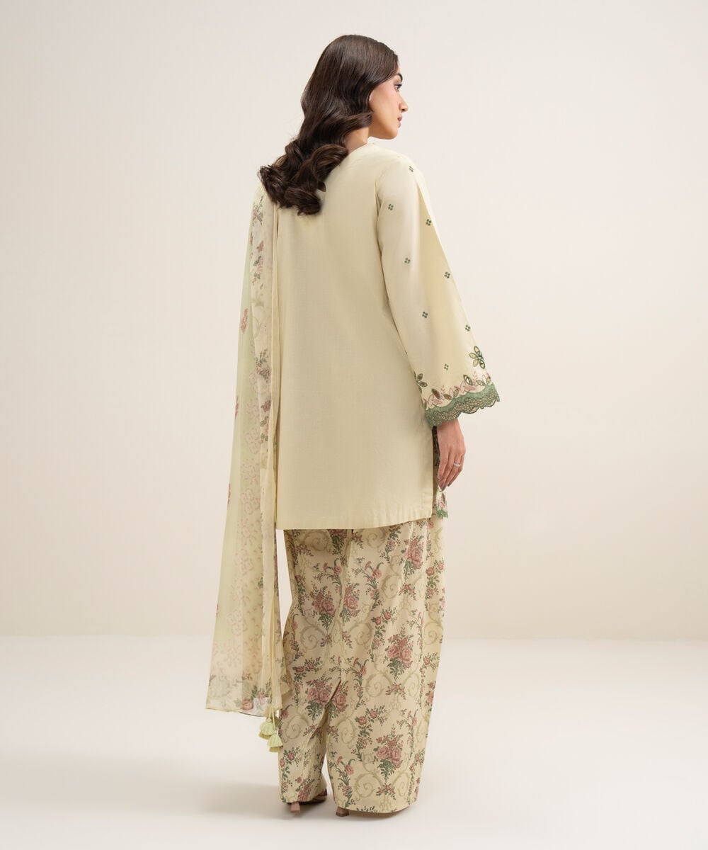 Women's Unstitched Lawn Embroidered Beige 3 Piece Suit