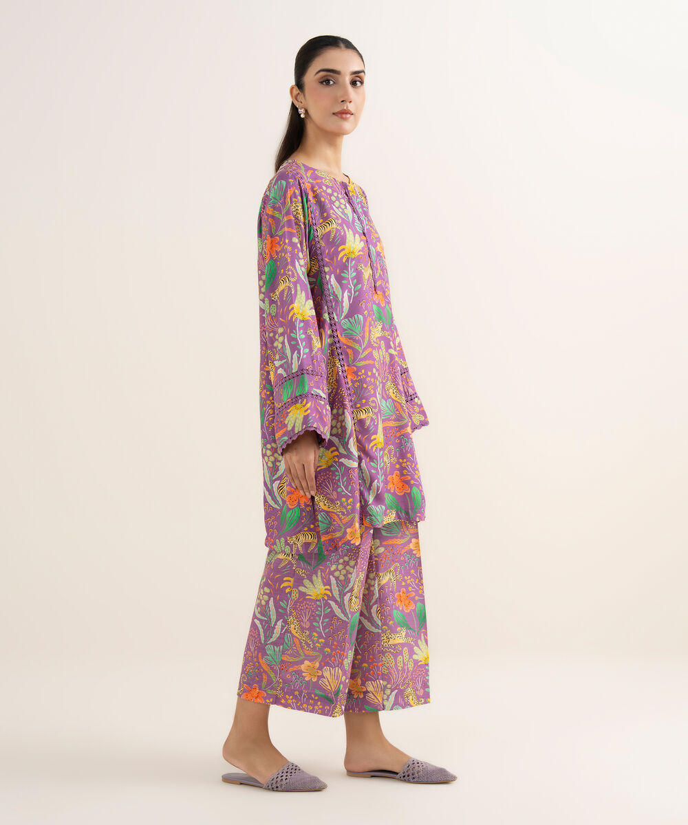 Women's RTW Herringbone Printed Purple Boxy Shirt