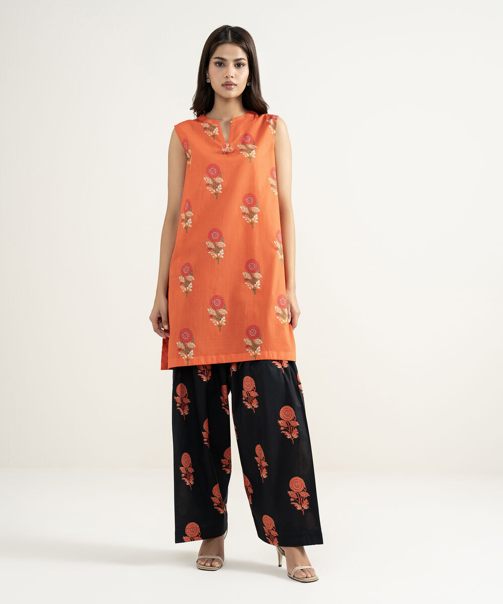 Women's RTW Lawn Printed Orange Straight Shirt
