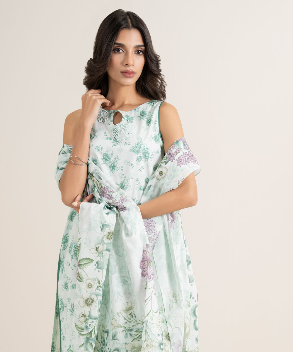 Women's Unstitched Lawn Printed Green 3 Piece Suit