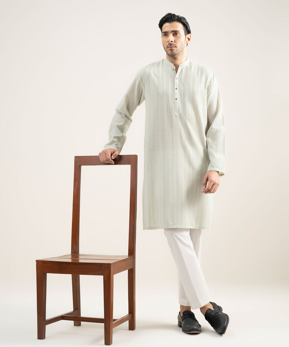 Men's Stitched Leno Jacquard Ash White Kurta