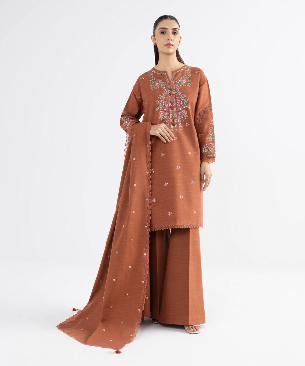 Women's Unstitched Khaddar Embroidered Brown 3 Piece Suit