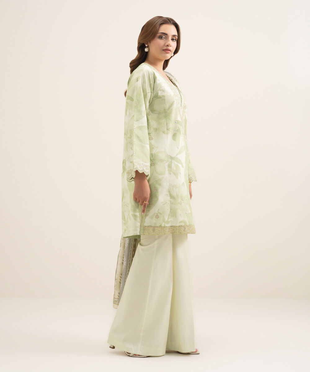 Women's Unstitched Textured Cotton Viscose Embroidered Light Mint 3 Piece Suit