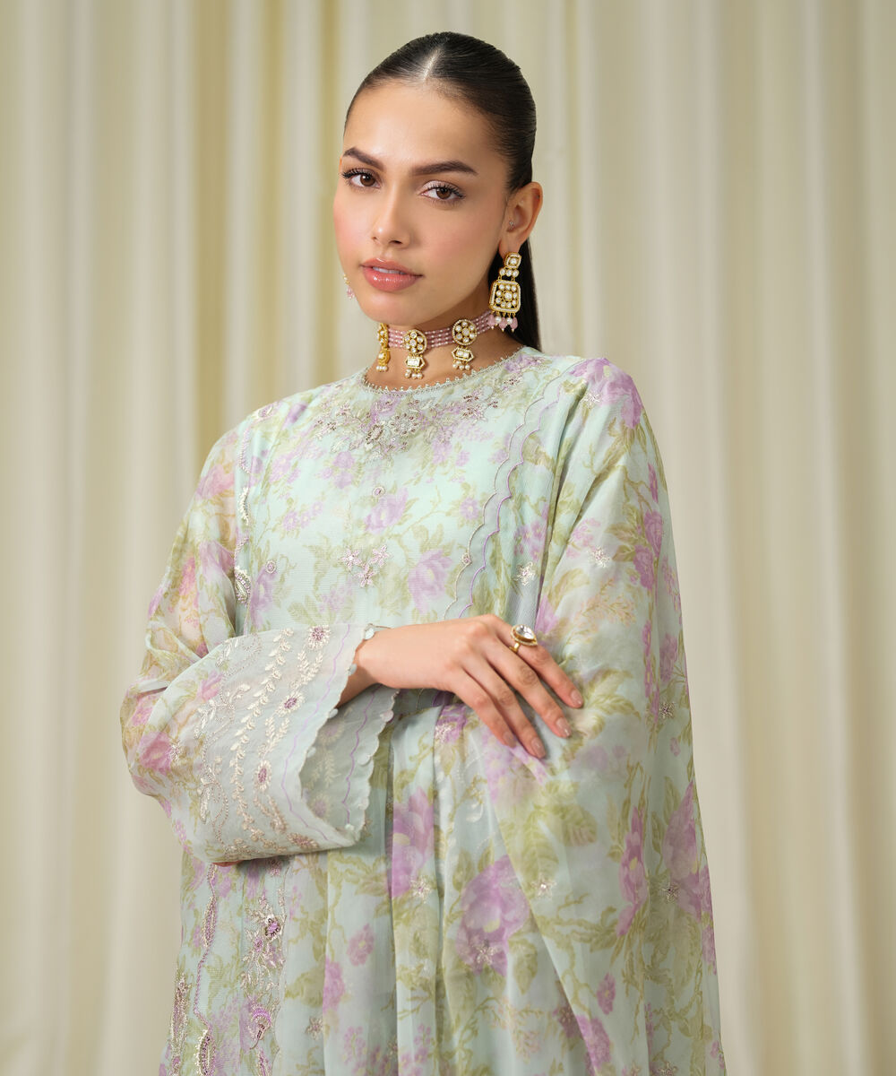 Women's Unstitched Blended Chiffon Embroidered Blue 3 Piece Suit
