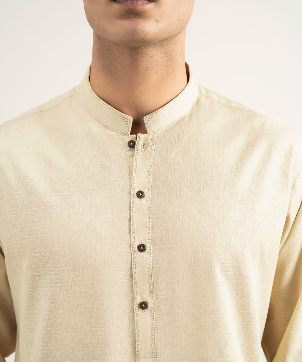 Men's Stitched Cotton Jacquard Beige Kurta