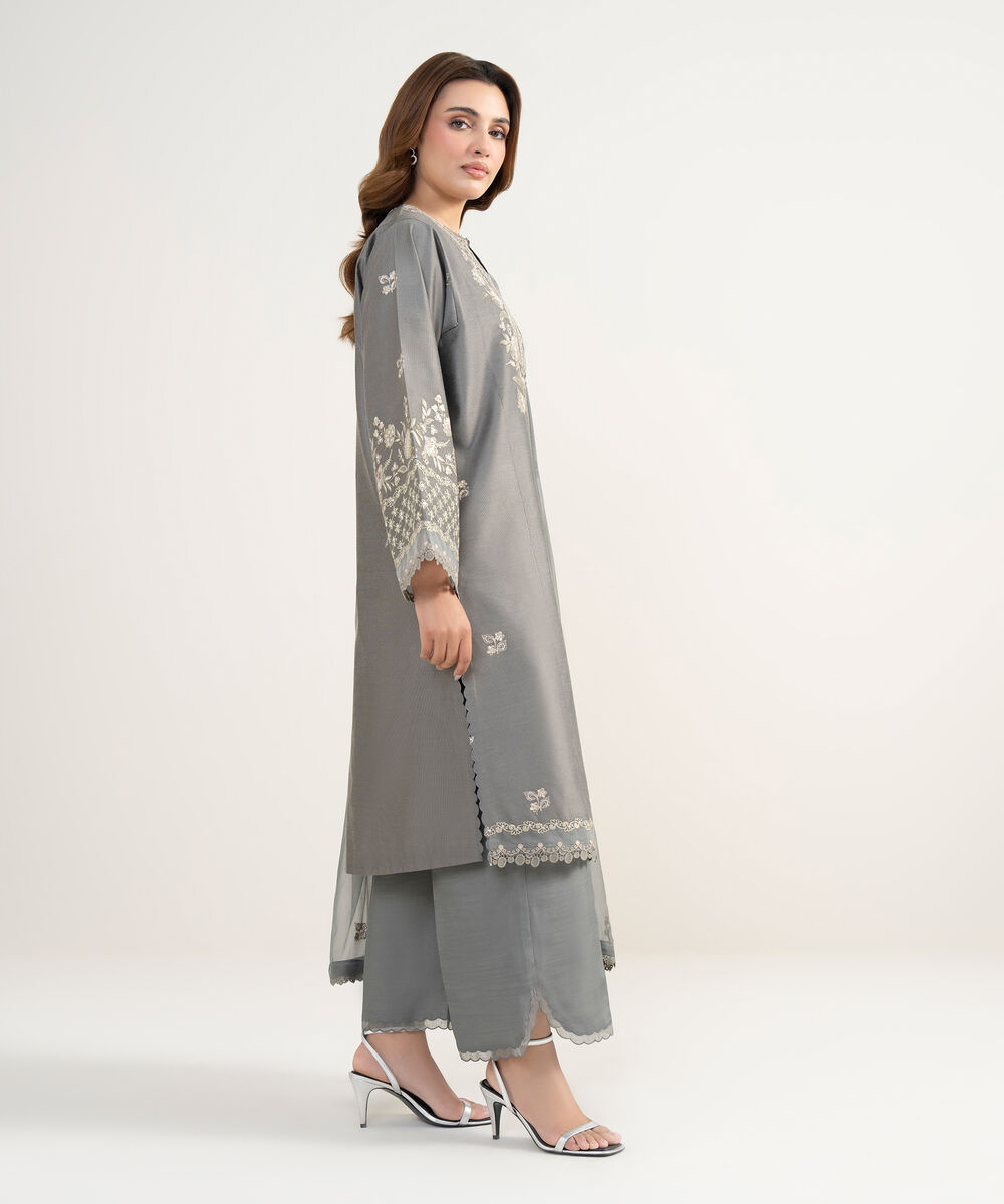 Women's Unstitched Cotton Net Embroidered Grey 3 Piece Suit