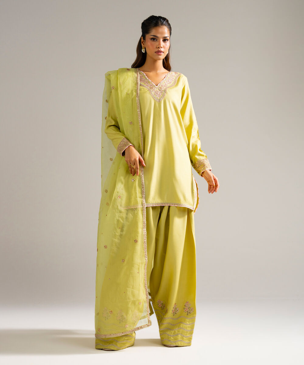 Women's RTW Raw Silk Embroidered Pale Green 3 Piece Suit