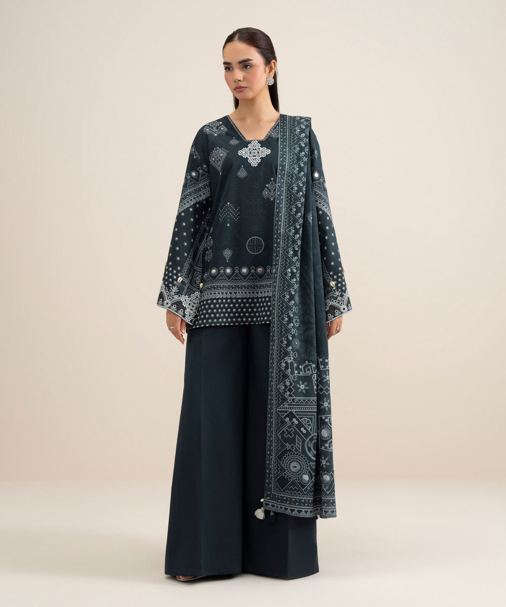 Women's Unstitched Lawn Embroidered Black 3 Piece Suit