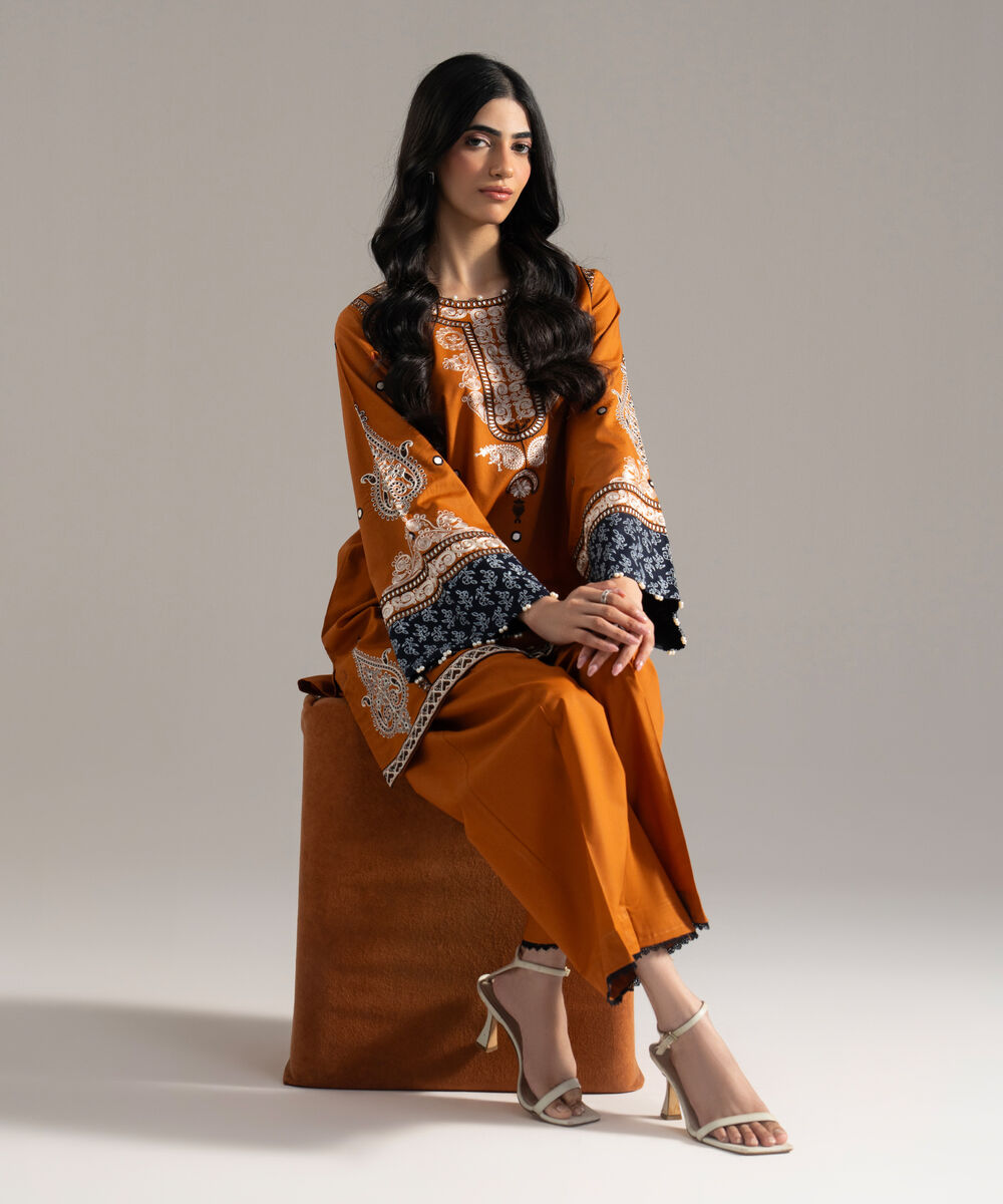 Women's RTW Cambric Embroideredroidered Mustard Brown Boxy Shirt