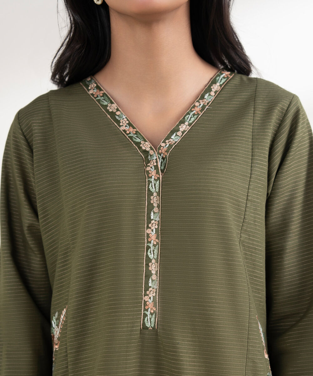 Women's RTW Light Khaddar Embroidered Green Straight Shirt