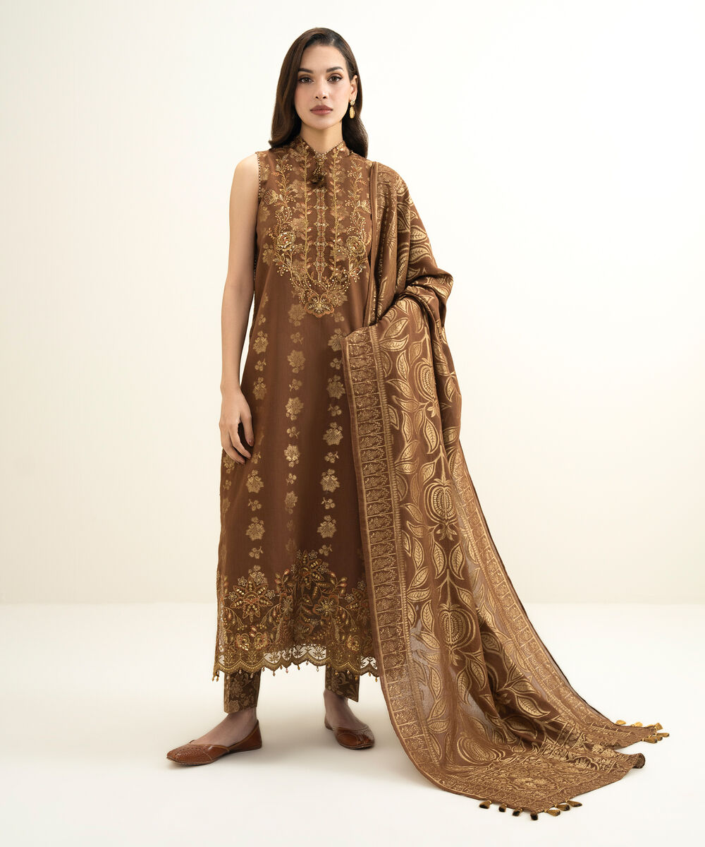 Women's Unstitched Extra Weft Jacquard Embroidered Brown 3 Piece Suit