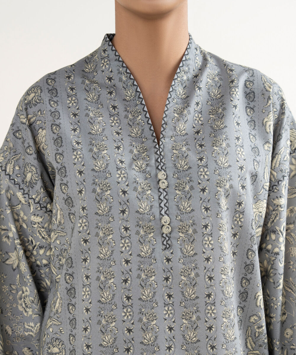 Women's Unstitched Cotton Printed Grey 3 Piece Suit