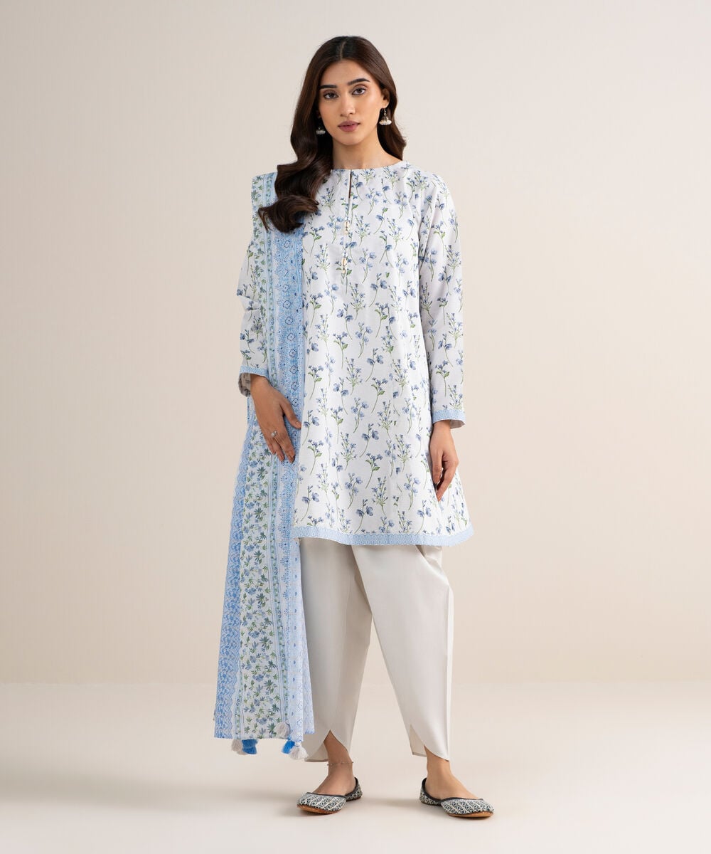 Women's Unstitched Zari Lawn Printed Off White