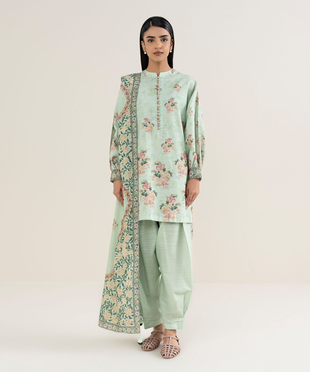Women's Unstitched Printed Cotton Aqua 3 Piece Suit