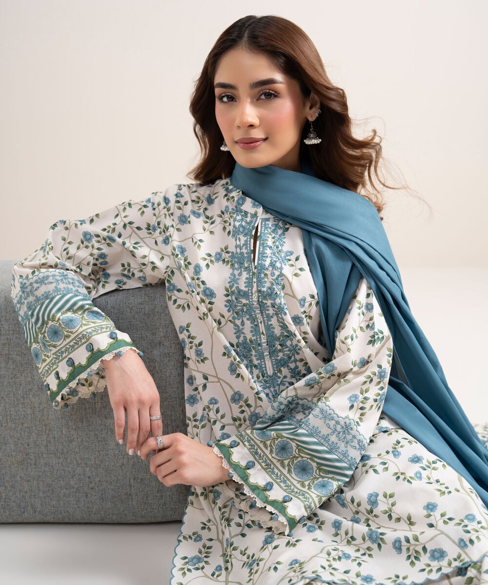 Women's Unstitched Lawn Embroidered Off White 3 Piece Suit