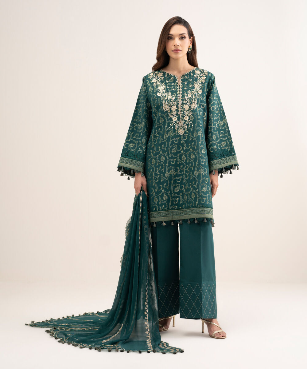 Women's Unstitched Extra Weft Jacquard Embroidered Green 3 Piece Suit