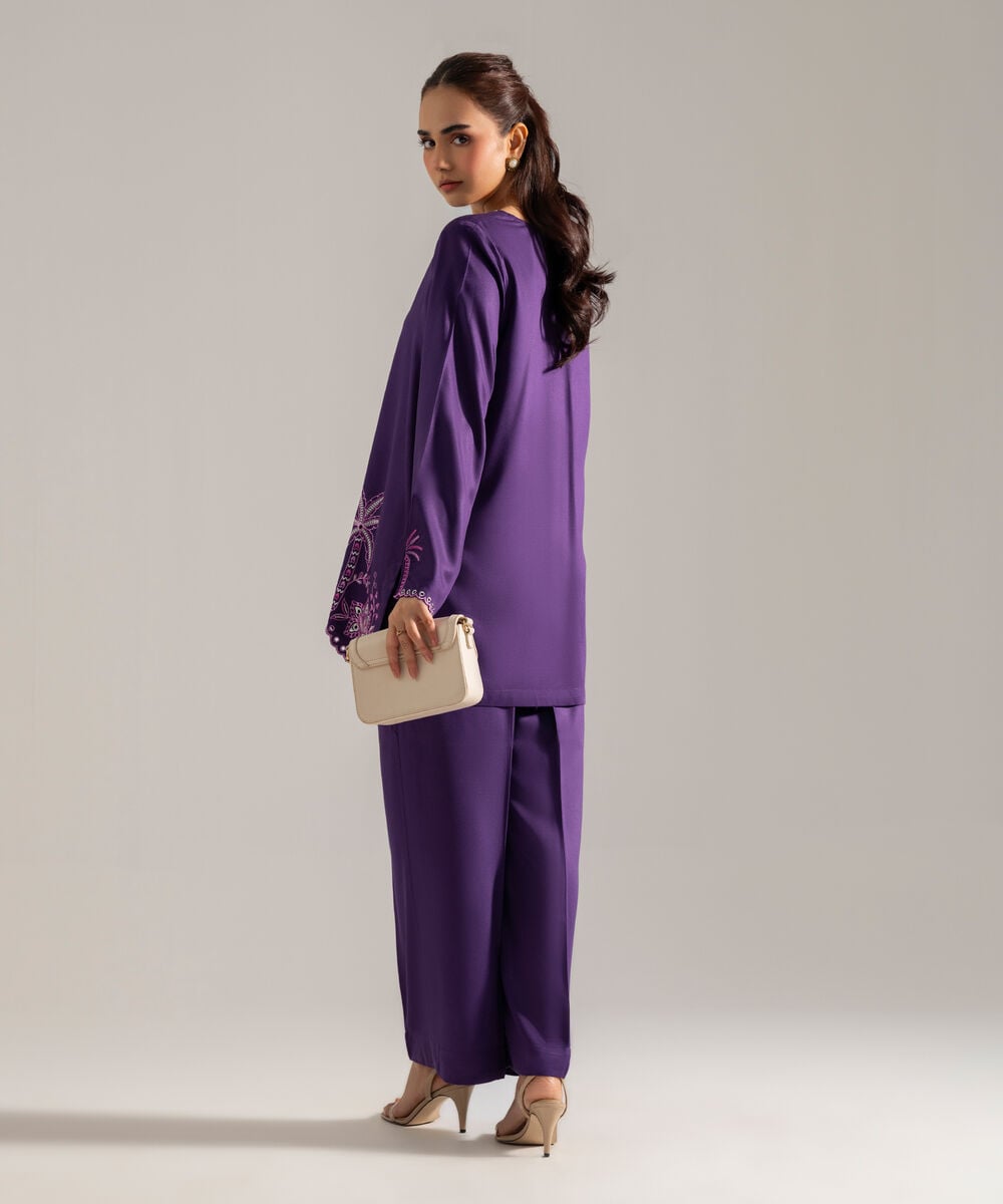 Women's RTW Solid Embroidered Purple Bedford Shirt