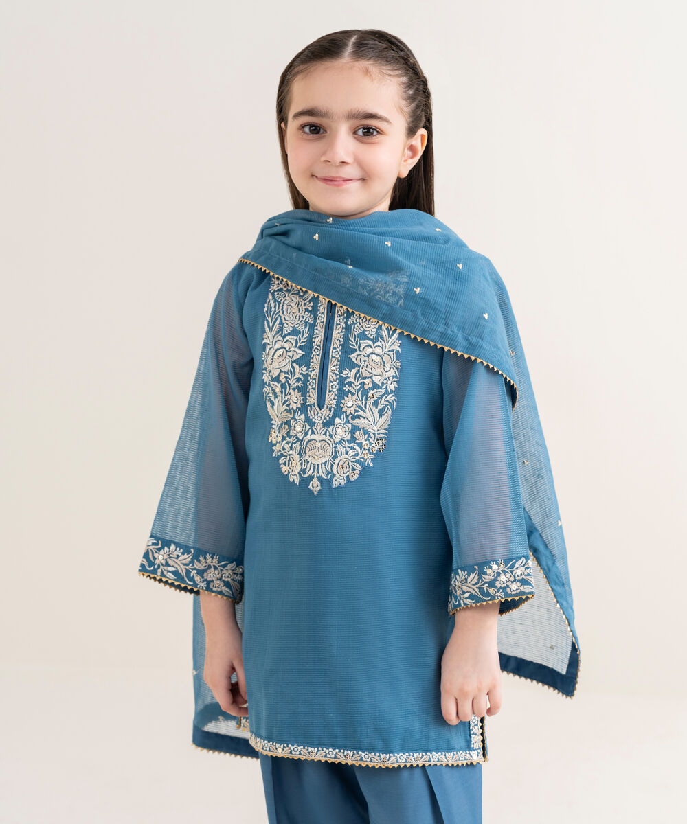 Girl's Blended Textured Karandi Embroidered Blue Three Piece Suit