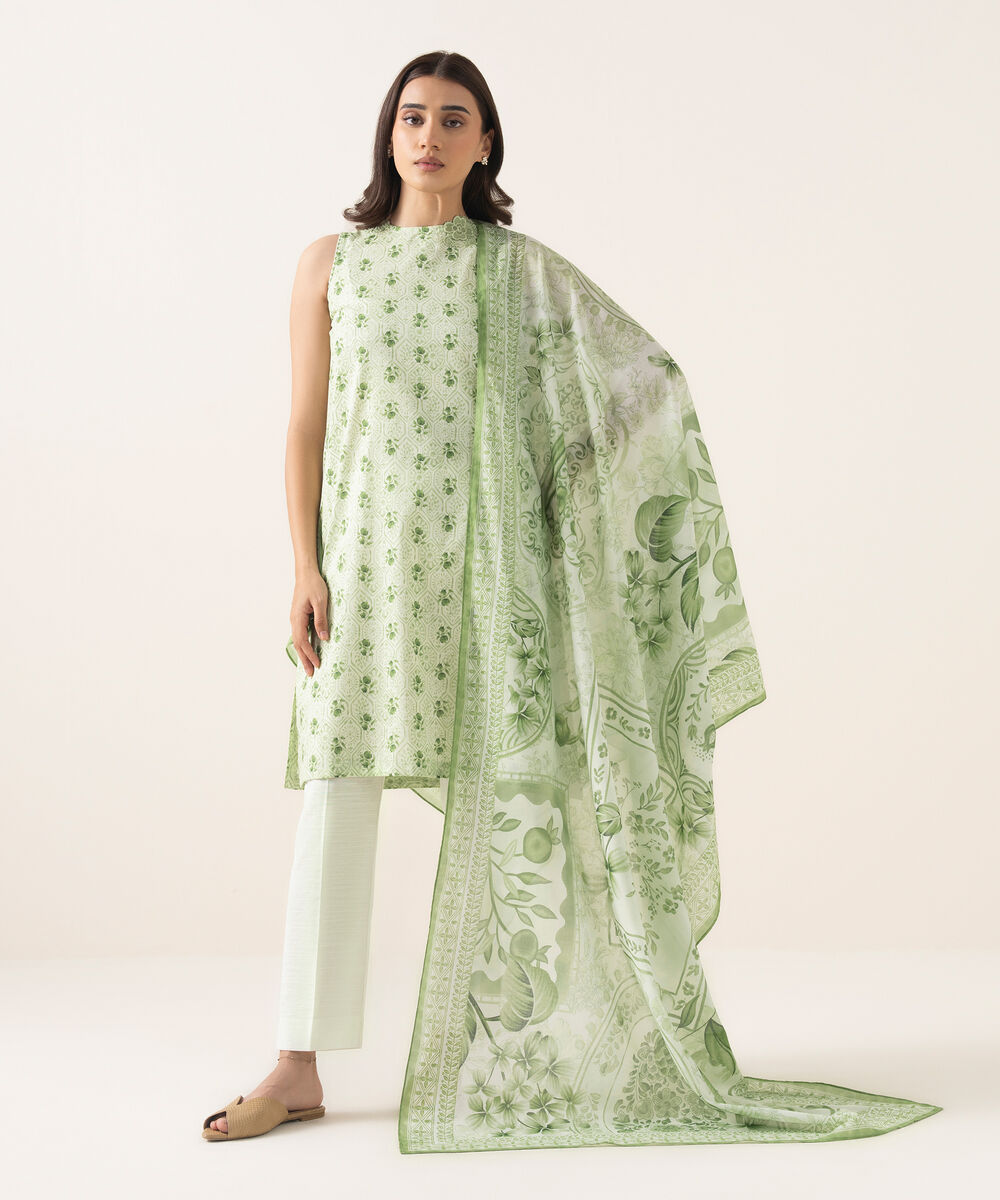 Women's Unstitched Lawn Printed Green 3 Piece Suit