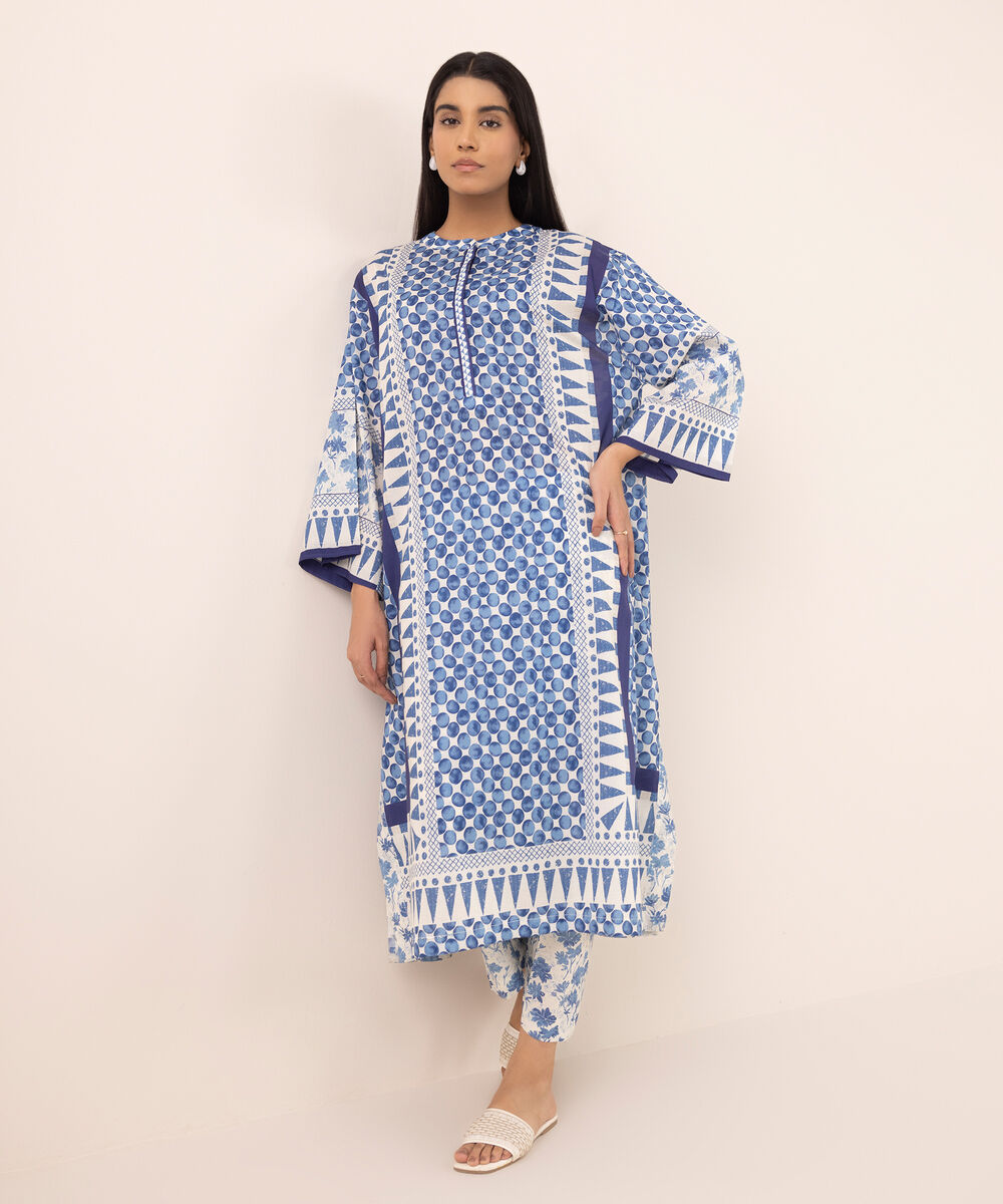 Women's RTW Lawn Blue Printed Drop Shoulder Shirt