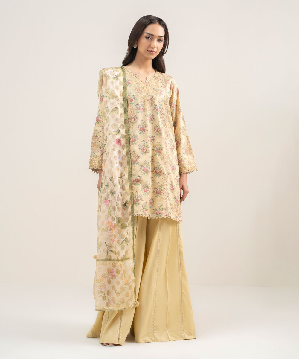Women's RTW Zari Lawn Embroidered Yellow 3 Piece Suit