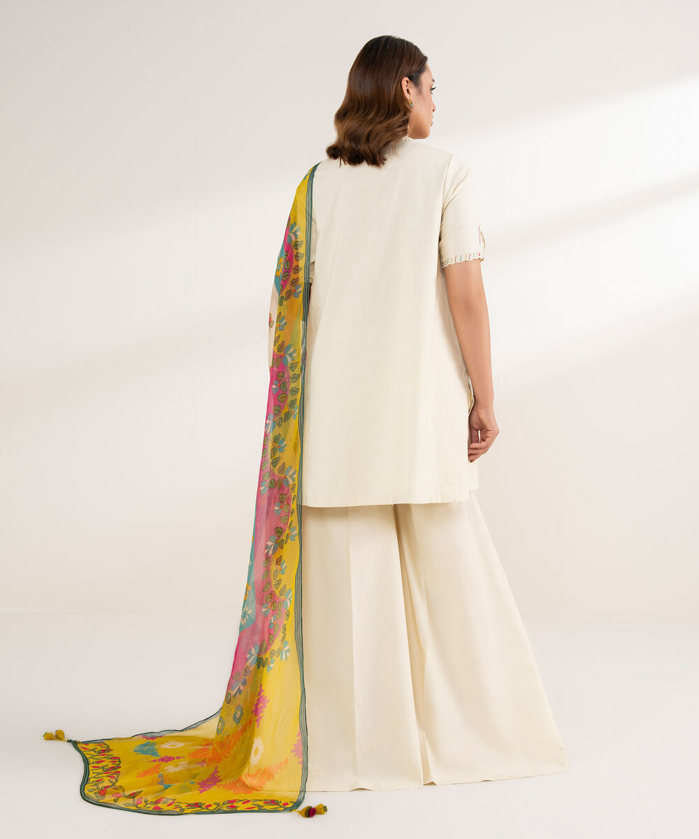 Women's Unstitched Cotton Embroidered Off White 3 Piece Suit