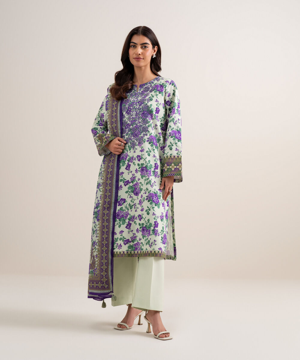Women's Unstitched Lawn Embroidered Off White and Purple 3 Piece Suit