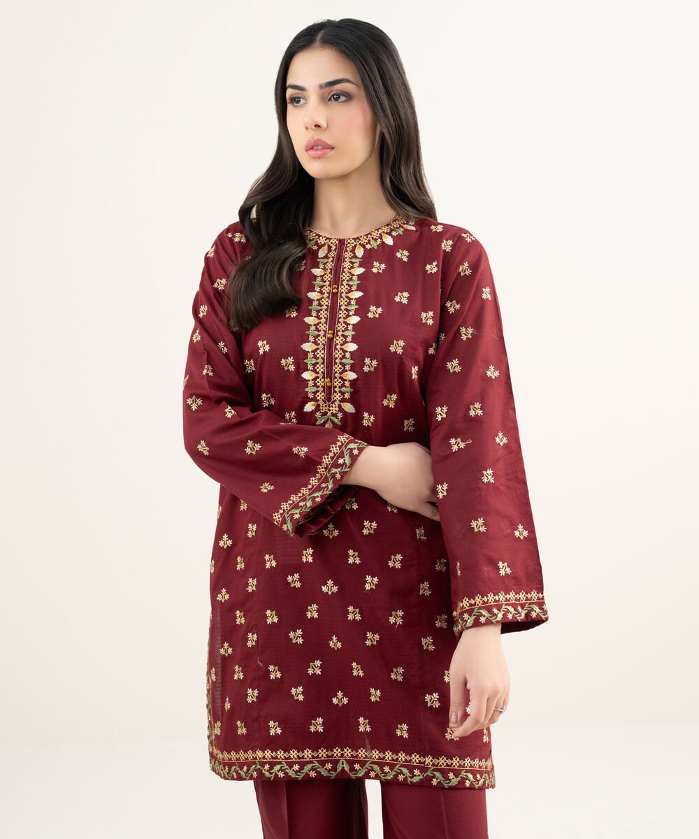 Women's RTW Dobby Embroidered Maroon Straight Shirt