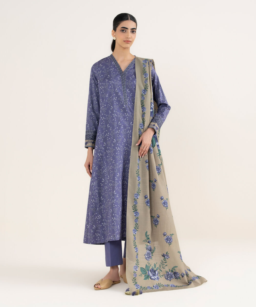 Women's Unstitched Printed Dobby Blue 3 Piece Suit