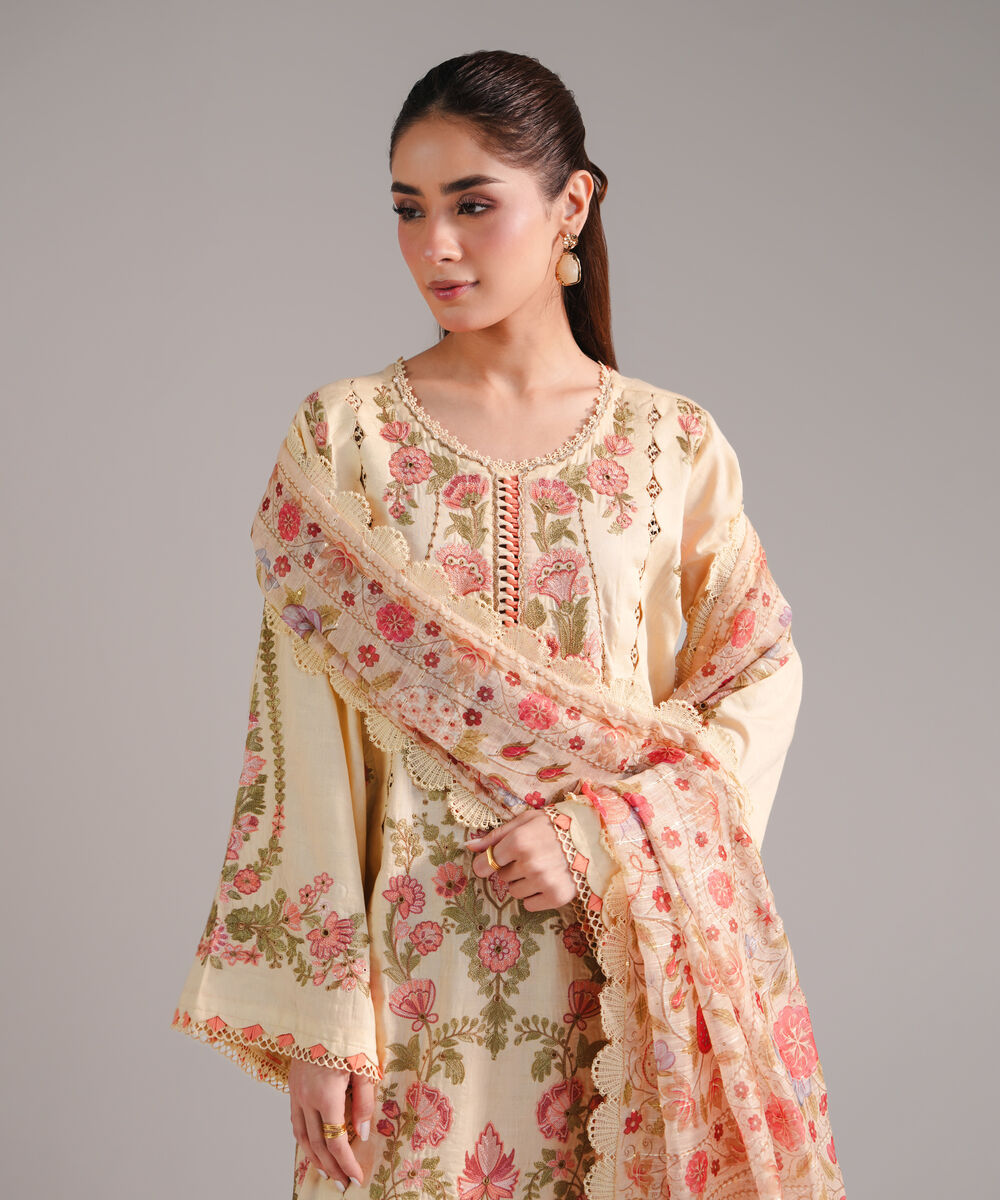 Women's RTW Self Jacquard Embroidered Yellow 3 Piece Suit