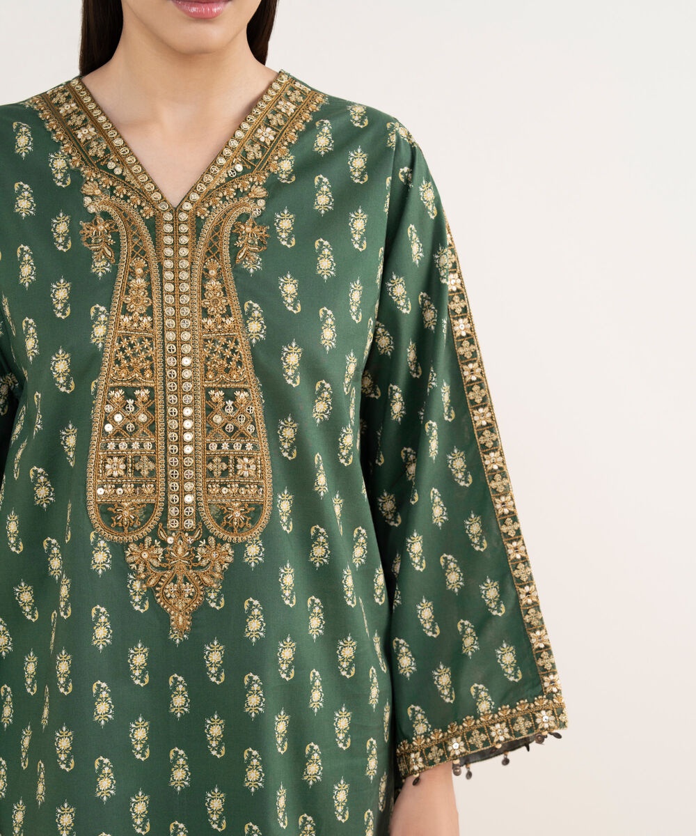 Women's RTW Cambric Green Embroidered A-line Shirt