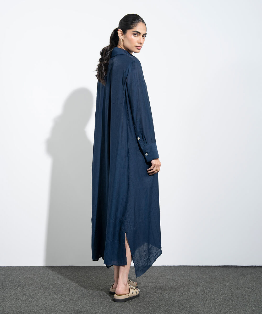 Women's Western Navy Textured Button Through Dress