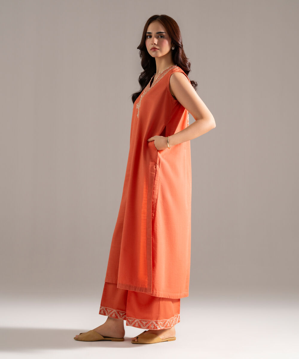 Women's RTW Khaddar Solid Embroidered Orange Straight Shirt