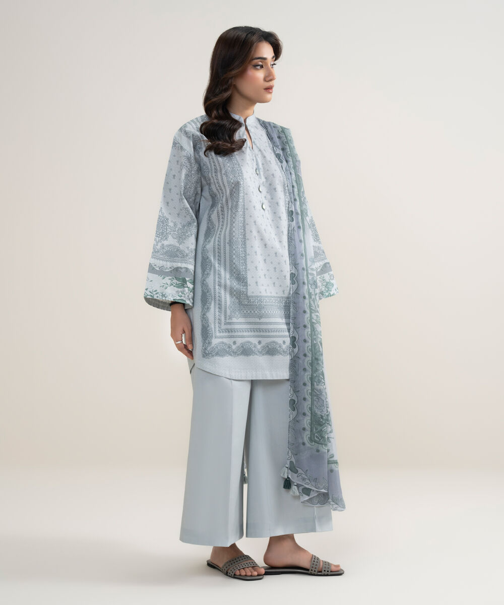 Women's Unstitched Lawn Printed Blue 3 Piece Suit