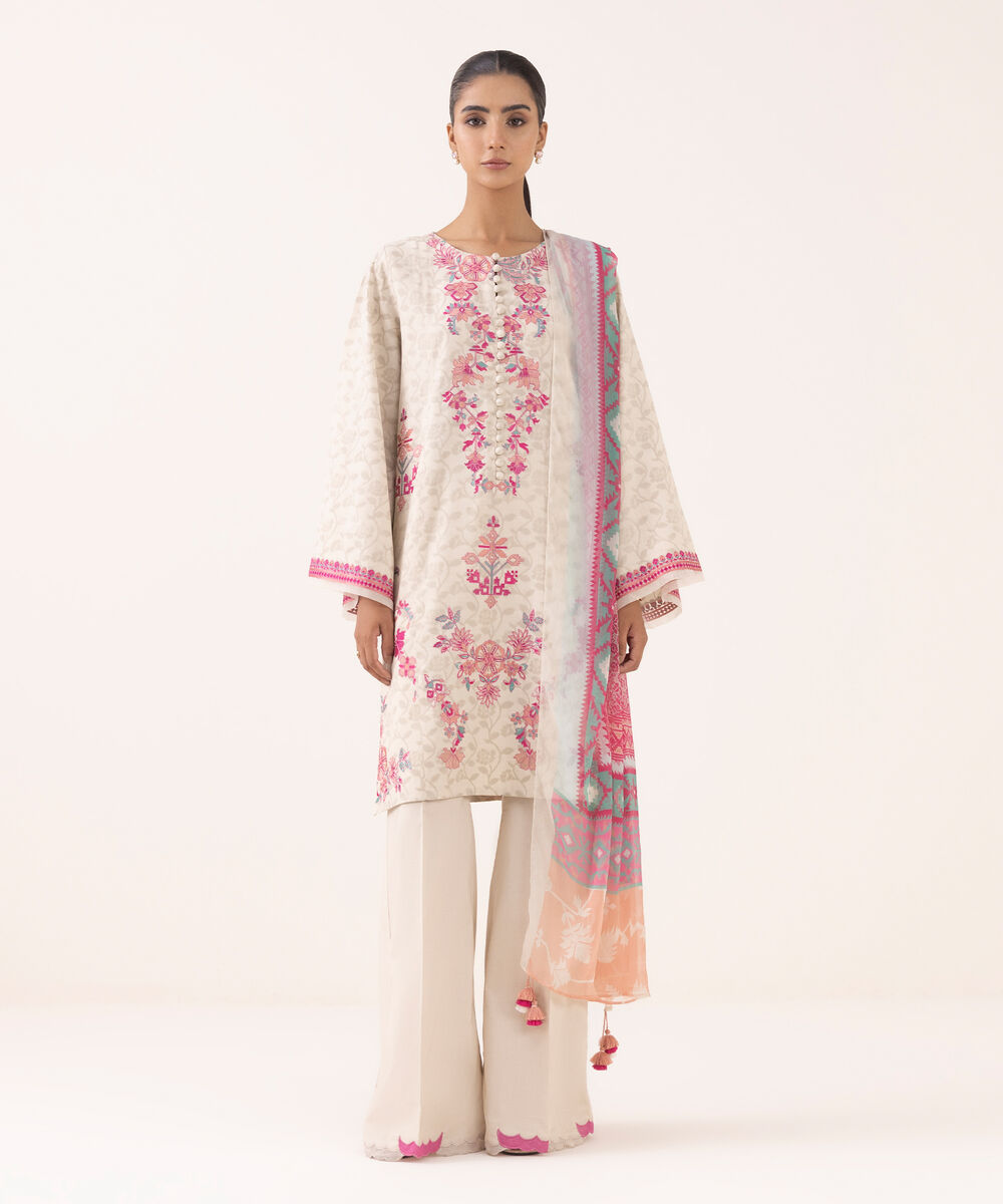 Women's Unstitched Jacquard Embroidered Off White Three Piece Suit