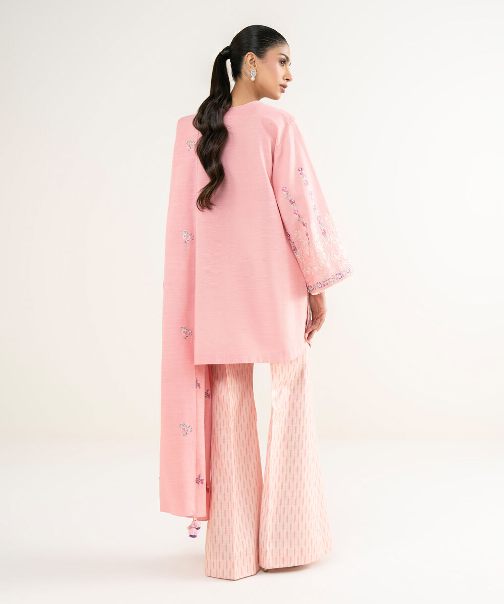 Women's Unstitched Cotton Embroidered Pink 3 Piece Suit