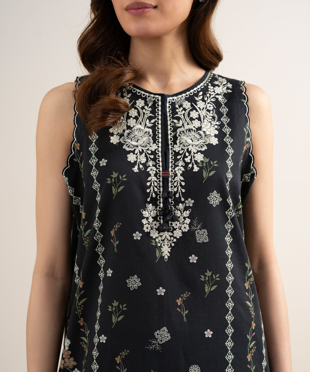 Women's Unstitched Lawn Embroidered Black  3 Piece Suit