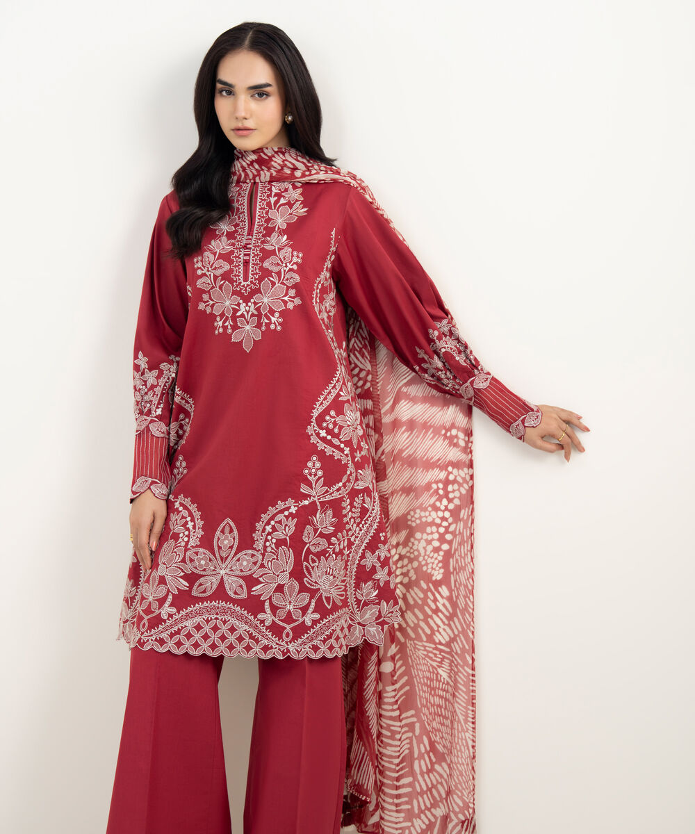 Women's Unstitched Textured Lawn Embroidered Red 3 Piece Suit